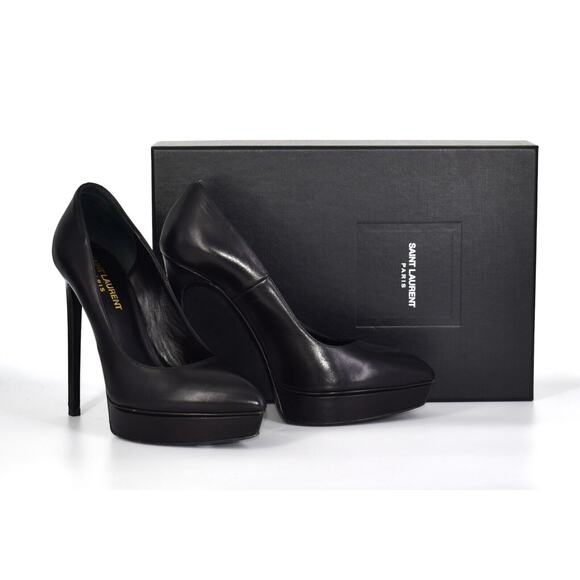 I0 Auth SAINT LAURENT Black Leather Platform High Heel Pumps Shoes Sz 37.5 $595 - Picture 1 of 7